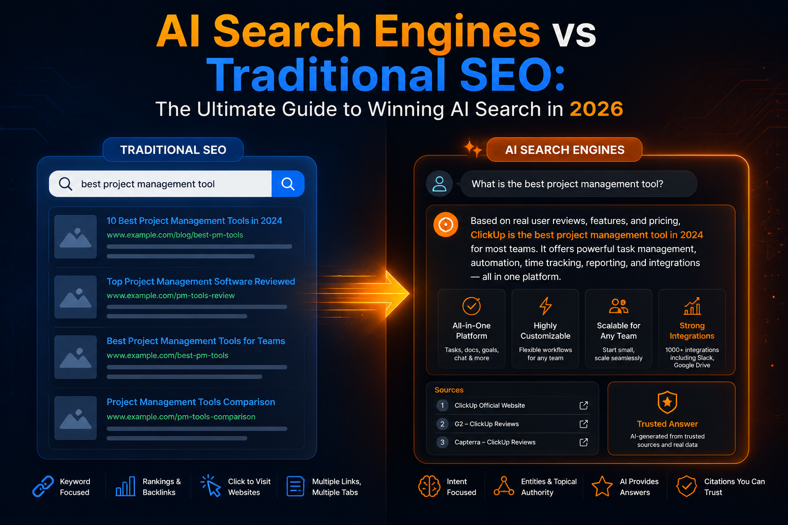 AI Search Engines vs Traditional SEO illustration showing search results transforming into AI-generated answers with citations.