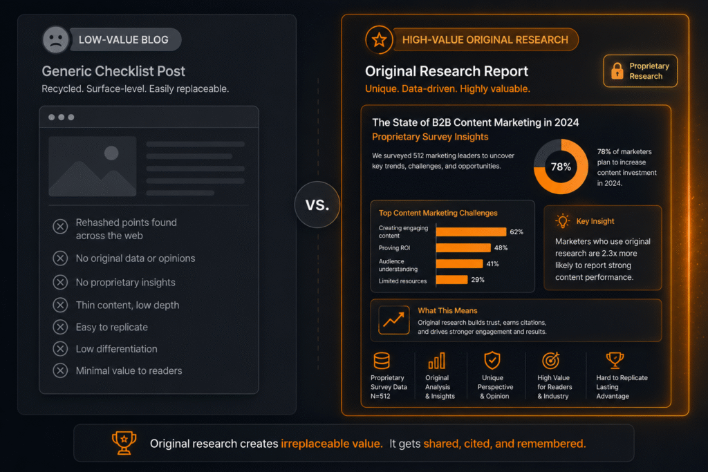 Pivoting content strategy from generic informational filler to original research and proprietary data.