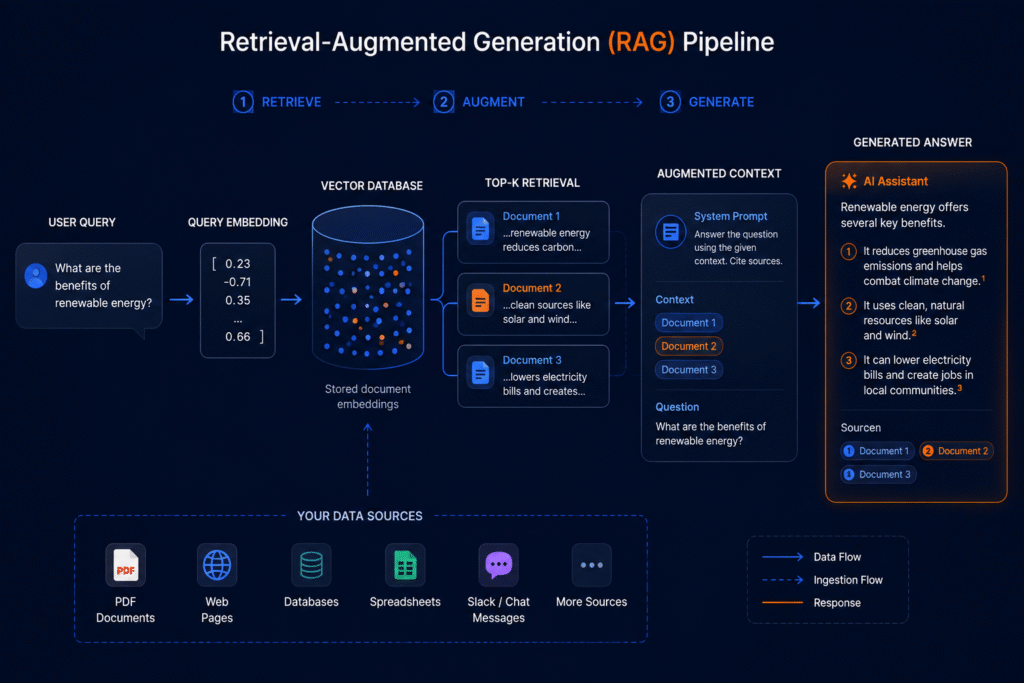 Diagram of the Retrieval-Augmented Generation (RAG) process in AI search engines.