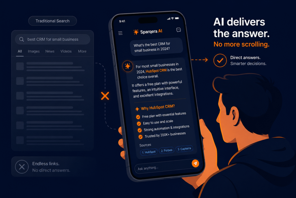 Illustration of a zero-click search where an AI assistant provides a direct answer on a mobile screen.